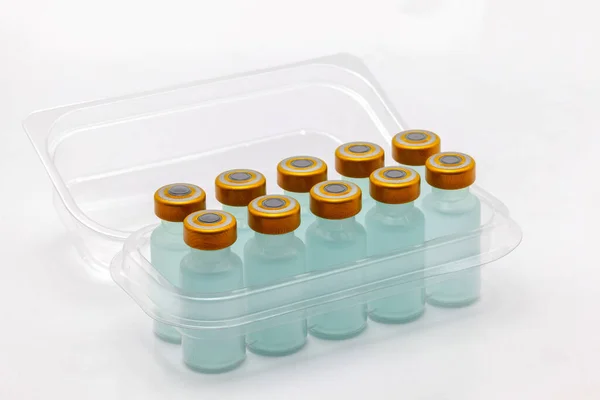 Diez Frascos Vacuna Dentro Caja Plástico Translúcido Abierto — Foto de Stock