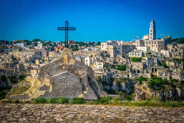 Cruz Paisagem Urbana Antiga Cidade Matera Região Basilicata Itália — Fotografia de Stock