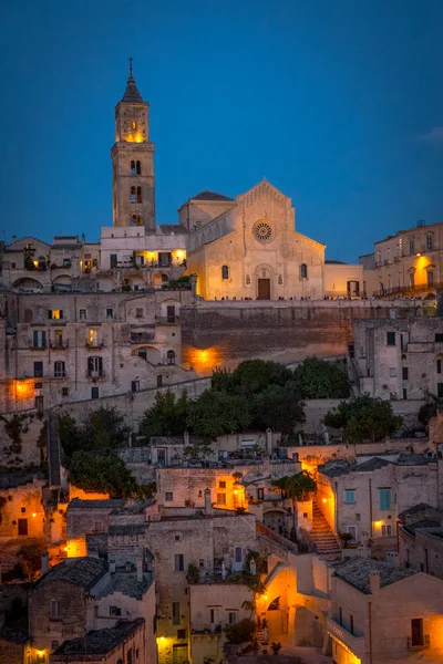 Verlichte Skyline Van Oude Stad Van Matera Nachts Regio Basilicata — Stockfoto