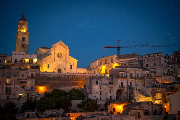 Cidade Iluminada Antiga Cidade Matera Noite Região Basilicata Itália — Fotografia de Stock