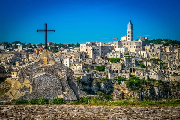 Cruz Paisagem Urbana Antiga Cidade Matera Região Basilicata Itália — Fotografia de Stock