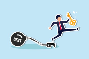 Borç özgürlüğüne kavuşmak için kredi veya ipotek gibi borçların ödenmesi, tasarruf yatırımları gibi finansal çözümlerden yararlanılması, borç zincirinin kilidini açtıktan sonra altın anahtarı elinde tutan mutlu işadamı