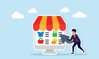 Pazar yerindeki satış maddesi listesine işaret eden imleç sahibi işadamı, mağaza çadırı çiziminde iş bütçesi farkındalığını görüntüledi