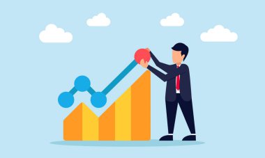 İşadamı, bir iş şirketinin olumlu performansının çizelgesine iğne basıyor.