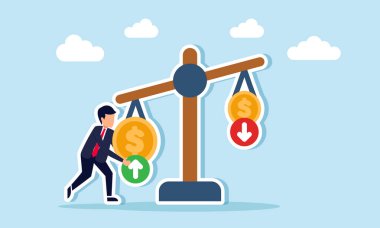 İş adamı elinde büyük bir madeni para tutuyor. Elinde oklarla iş karının bir aşağı bir yukarı resmedilmesi ve yatırımın geri dönüşü var.