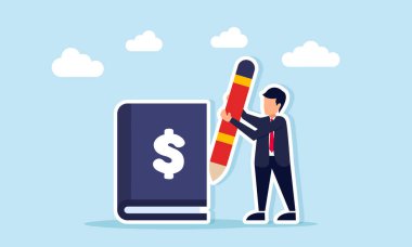 İş adamı, üzerinde dolar işareti olan bir kitabın üzerine kurşun kalemle iş dünyası için mali muhasebe raporu hazırlıyor.