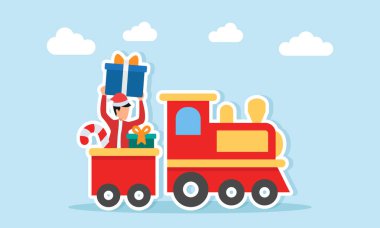 Kırmızı tren hediyeler ve Noel Baba şapkalı kırmızı elbiseli adam Noel kutlaması için minnettarlığımızın bir göstergesi.