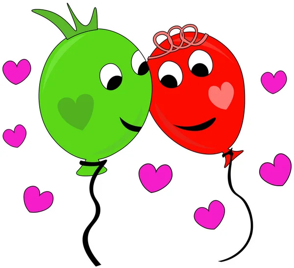 緑と赤の風船 周りの心 バレンタインデーを祝うカラフルな風船の幸せなカップル — ストックベクタ
