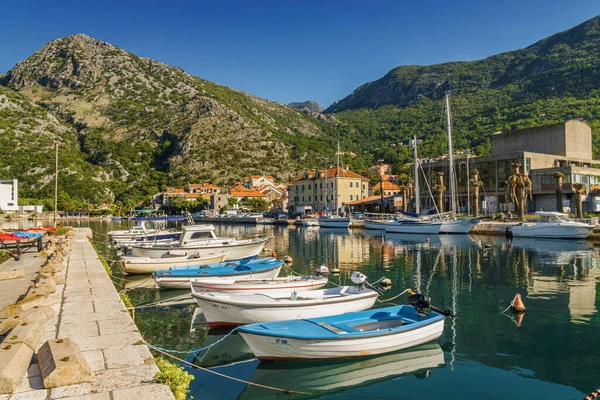 Vista Soleada Mañana Risan Hermosa Ciudad Pequeña Bahía Kotor Montenegro — Foto de Stock