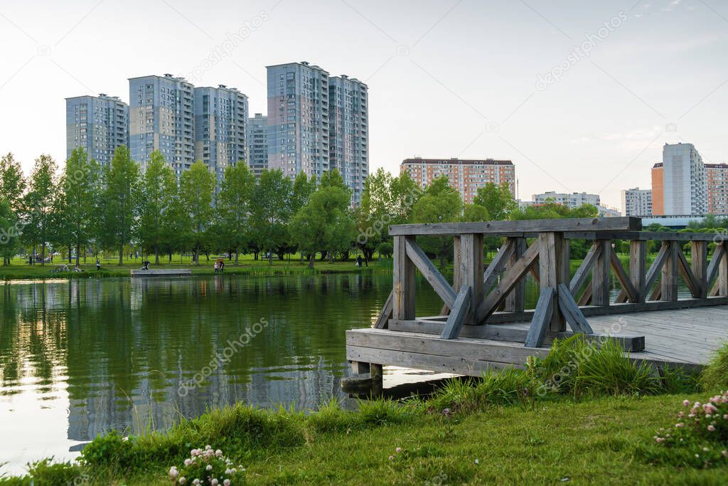 Summer morning view of Yuzhnoe Butovo park in South Butovo district, Moscow, Russia.