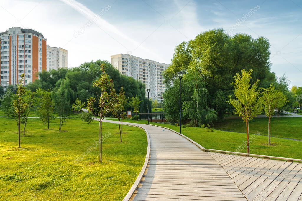 Summer morning view of Yuzhnoe Butovo park in South Butovo district, Moscow, Russia.