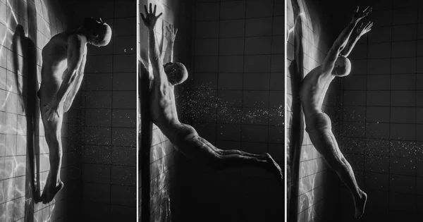Monochome Portret Van Spieren Baard Yoga Man Onder Water Het — Stockfoto