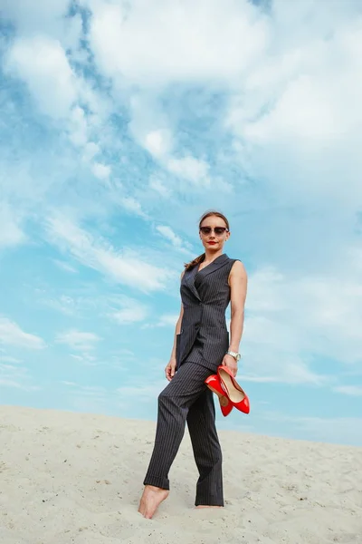 Full Height Portrait Stylish White Young Woman Suit Sunglasses Red — Stock Photo, Image