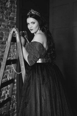 uzun saç ve minimalist iç kapalı makyaj uzun mor kraliçenin elbise ve taç, güzel genç güzel sevimli kadın Prenses (Kraliçe) portre