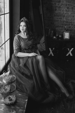 uzun saçlı uzun kraliçe elbise ve taç güzel genç güzel sevimli kadın prenses (kraliçe) monokrom portre ve pencere tarafından minimalist çatı iç kapalı makyaj