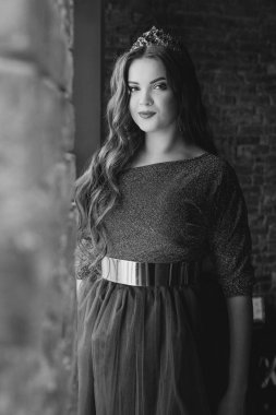 uzun mor kraliçe elbise ve taç güzel genç güzel sevimli kadın prenses (kraliçe) monokrom (siyah ve beyaz) portresi, uzun saçlı ve minimalist iç kapalı makyaj