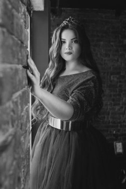 uzun mor kraliçe elbise ve taç güzel genç güzel sevimli kadın prenses (kraliçe) monokrom (siyah ve beyaz) portresi, uzun saçlı ve minimalist iç kapalı makyaj