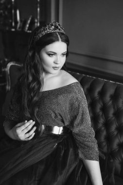 uzun saç ve minimalist iç kapalı makyaj uzun mor kraliçenin elbise ve taç, güzel genç güzel sevimli kadın Prenses (Kraliçe) portre