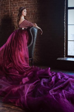 uzun saçlı uzun mor kraliçe elbise ve taç güzel genç güzel sevimli kadın prenses (kraliçe) portresi ve pencerenin yanında duran minimalist çatı iç kapalı makyaj
