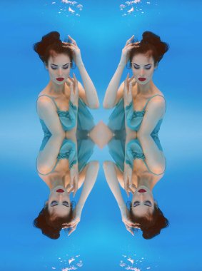 yüzme havuzunda su altında güzel genç kadın gerçeküstü, kavram, sanat, mavi, soyut, fütüristik ultraviyole desen