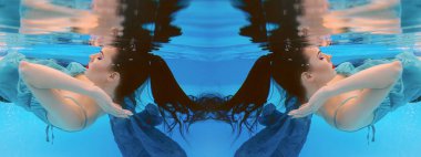 yüzme havuzunda su altında güzel genç kadın gerçeküstü, kavram, sanat, mavi, soyut, fütüristik ultraviyole desen