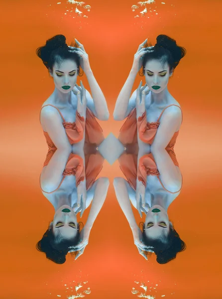 Surrealistisch Concept Kunst Oranje Abstract Futuristische Ultraviolet Patroon Van Meisje — Stockfoto
