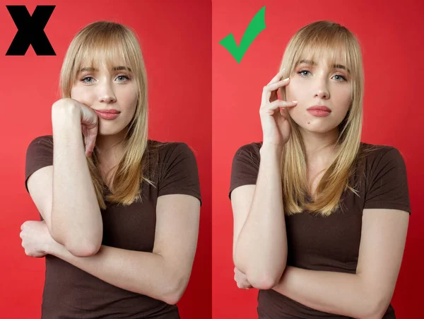 Blond Veselá Žena Hnědém Tričku Ukazuje Správné Správné Chyby Špatné — Stock fotografie