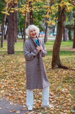 Sonbahar parkında paltolu, şık, zarif bir kadın. Anti yaş, yaşlılık, mevsimler, sonbahar konsepti