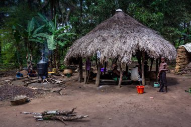 Yongoro, Sierra Leone - 04 Haziran 2013: Batı Afrika, bilinmeyen insanlar inşaat üstünde palmiye yağı köyün önünde Sierra Leone, Freetown başkenti dönüşümü