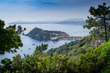 Sestri Levante, Genoa, İtalya - Punta Manara'ya çam ormanı ve çilek ağacı bitkiler Liguria, İtalya giden yolu üzerinden Sestri Levante Yarımadası'nın görünümü