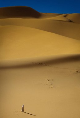 Tassili Najjer, Cezayir - 10 Ocak 2002: Bilinmeyen insan kumulları Cezayir Sahara çöl Afrika, Tassili Najjer Milli Parkı yürüyor