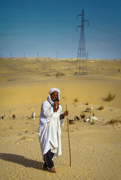 BORDJ EL HAOUAS, ALGERIA - JANUARY 16, 2002: unknown shepherd of goats in the middle of the desert