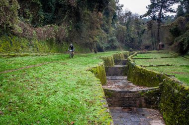 Lucca, İtalya - 12 Haziran 2009: su kemeri Guamo Lucca, Toskana, İtalya, Lorenzo Nottolini tarafından 1823 inşa edilmiş, pedal bilinmeyen bisikletçiler