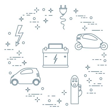 Elektrikli arabalar, pil, şarj istasyonu, elektrik güvenliği işareti, kablo, elektrik prizinden. Yeni ulaşım Çevre teknolojileri.