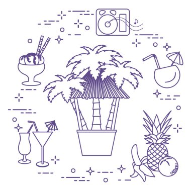 Sahilde, palmiye ağaçları, kokteyller, dondurma, müzik hoparlörler, muz, ananas, portakal Bar.