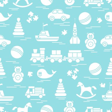 Çocuk oyuncakları ile Seamless modeli. Tren, otomobil, toplar, sallanan at, Roly, balina, bulmacalar, Piramit, tekne.