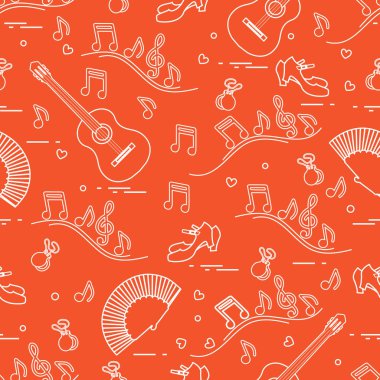 Fan, Ayakkabı, kastanyet, notlar, gitar ile Seamless modeli. Seyahat ve eğlence. İspanya'nın geleneksel semboller.