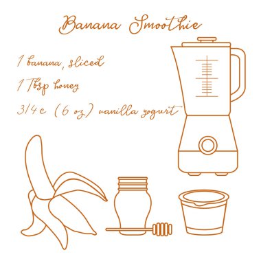 Tarifi, blender ve muz smoothie yapmak için malzemeler. Sağlıklı beslenme alışkanlıkları. Banner için tasarım ve baskı.