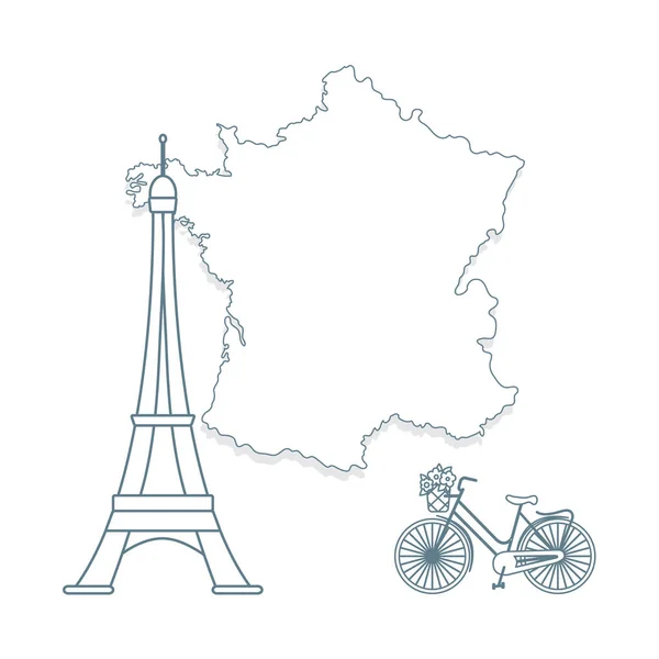 Map France Famous Tower Paris Bicycle Basket Flowers Travel Leisure — Stock Vector