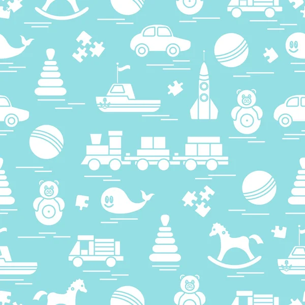 Çocuk oyuncakları ile Seamless modeli. Tren, otomobil, toplar, sallanan at, Roly, balina, bulmacalar, Piramit, tekne.