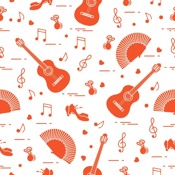 Fan, Ayakkabı, kastanyet, notlar, gitar ile Seamless modeli. Seyahat ve eğlence. İspanya'nın geleneksel semboller.