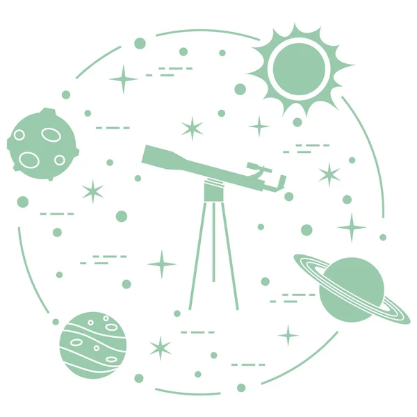 Ciencia Telescopio Sol Luna Planetas Estrellas Exploración Espacial Astronomía — Vector de stock