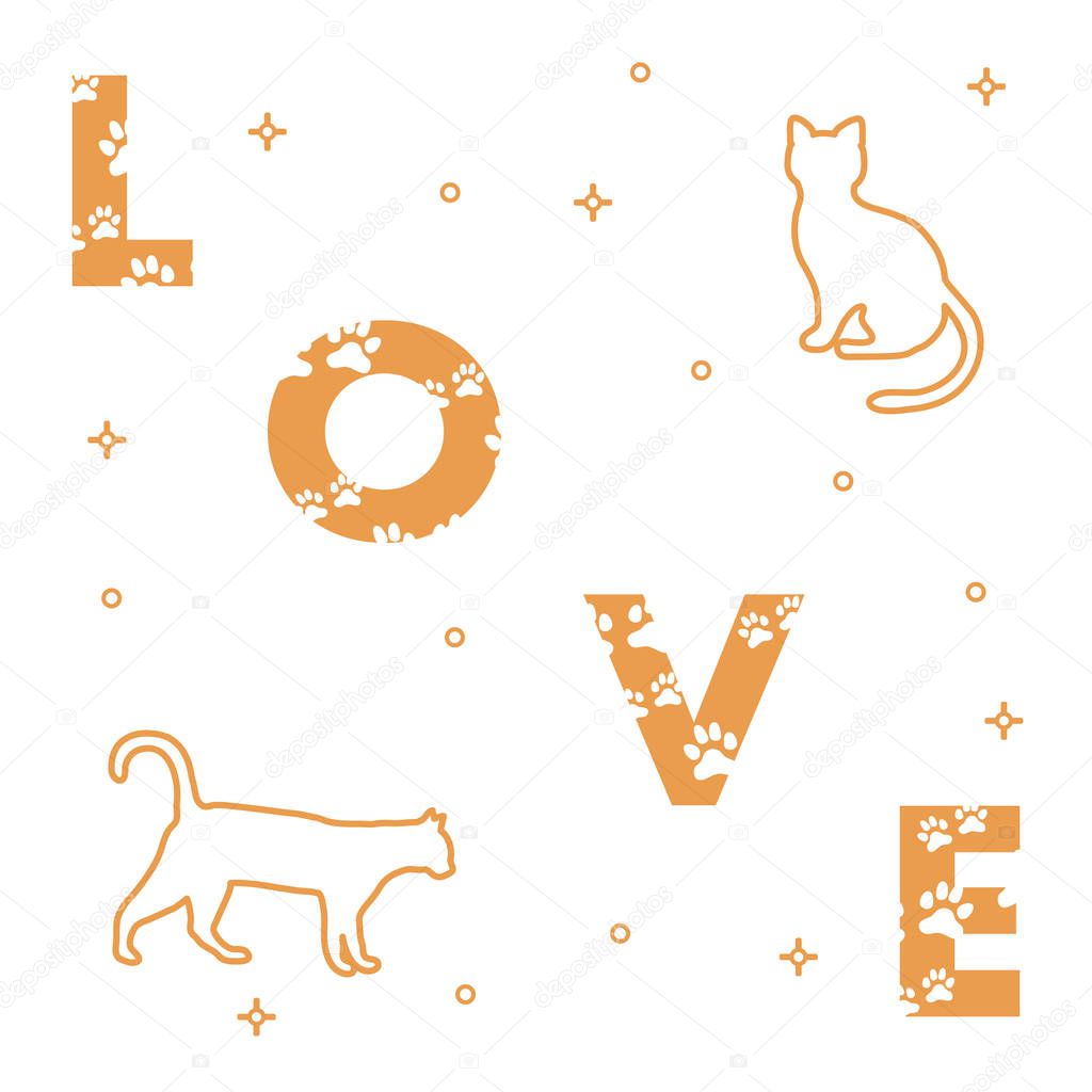 Word: Love. The message is decorated with traces of a cat. Cats. Template for design, print.