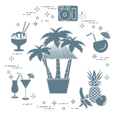 Sahilde, palmiye ağaçları, kokteyller, dondurma, müzik hoparlörler, muz, ananas, portakal Bar.