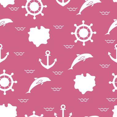 Yunuslar, çapa, direksiyon, dalgalar, Adaları ile Seamless modeli. Yaz eğlence.