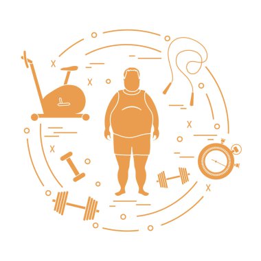 Şişman adam ve farklı spor malzemeleri. Sağlıklı bir yaşam tarzı. Egzersiz bisikleti, atlama ipi, kronometre, halter.