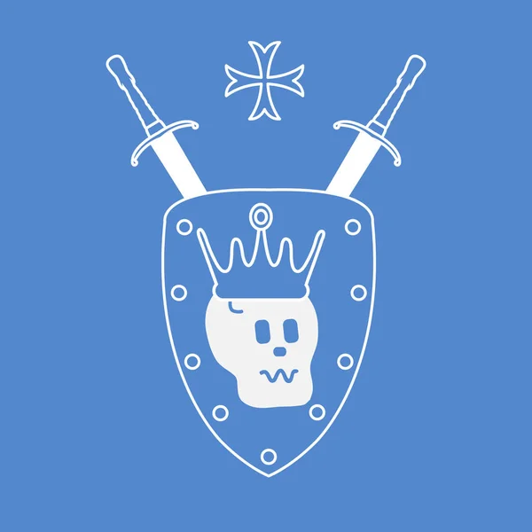 Schädel Krone Schild Zwei Gekreuzte Schwerter Kreuz Designelement Für Postkarte — Stockvektor