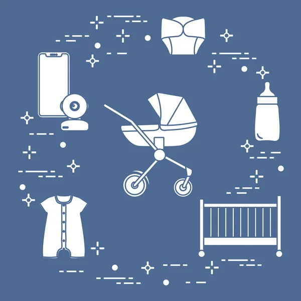 Goods Babies Stroller Crib Baby Monitor Bottle Waterproof Panties Overalls — Stock Vector