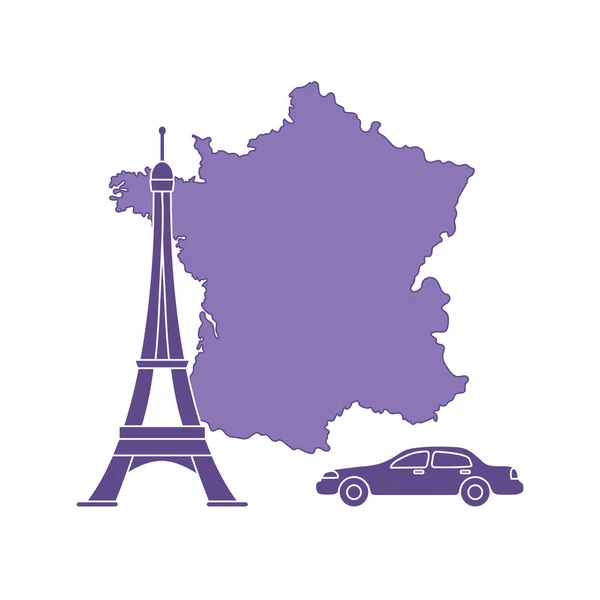 Carte France Célèbre Tour Paris Voiture Voyages Loisirs — Image vectorielle