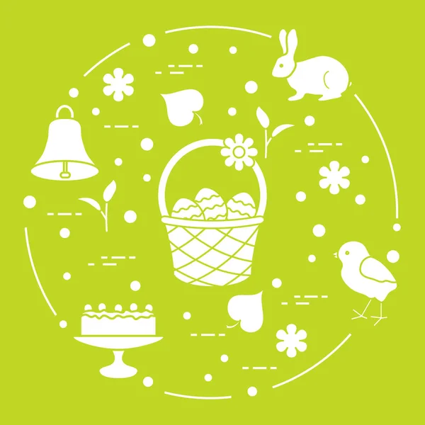 Easter Symbols Simnel Cake Basket Eggs Bell Rabbit Chick Flowers — Stock Vector